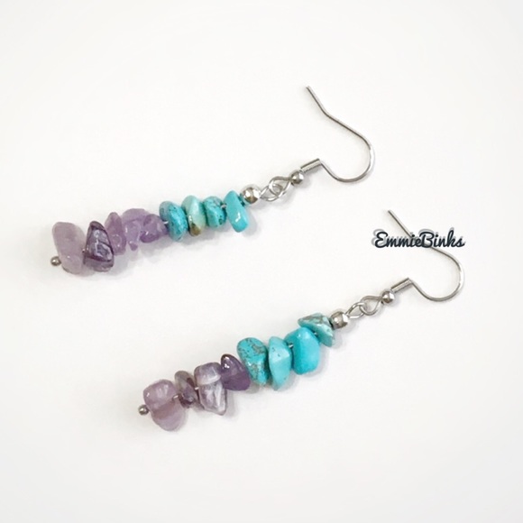 💥3for$28 New Genuine Amethyst and Turquoise Linear Drop Earrings /Gems Stones - Picture 8 of 15